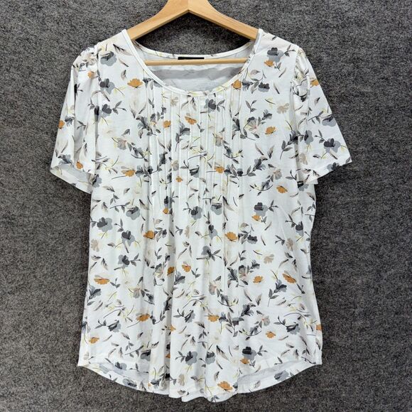 Ofeefan Blouse Women XL White Floral Short Sleeve Pleated Round Neck Casual - Picture 1 of 7